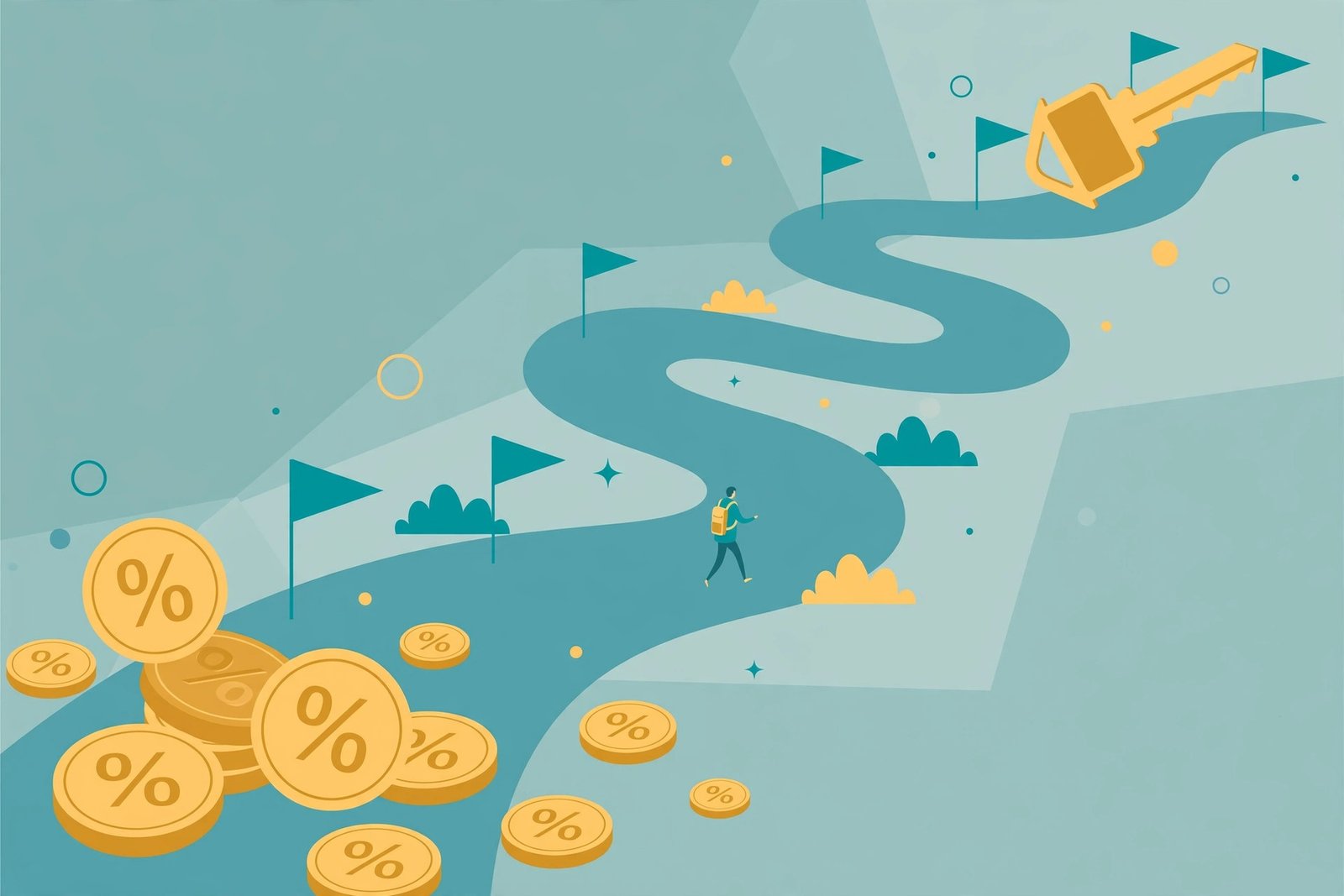 Illustration of a winding repayment road starting with interest coins and ending with a key