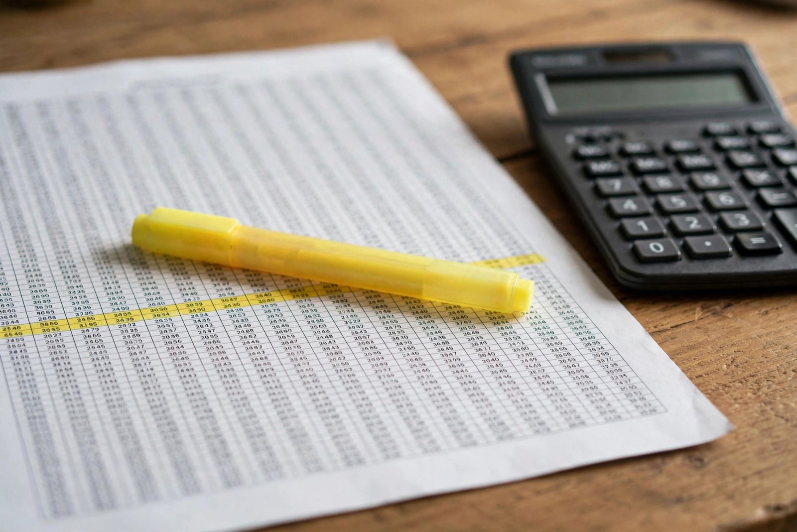 Close-up of a printed amortization schedule with a highlighter and calculator