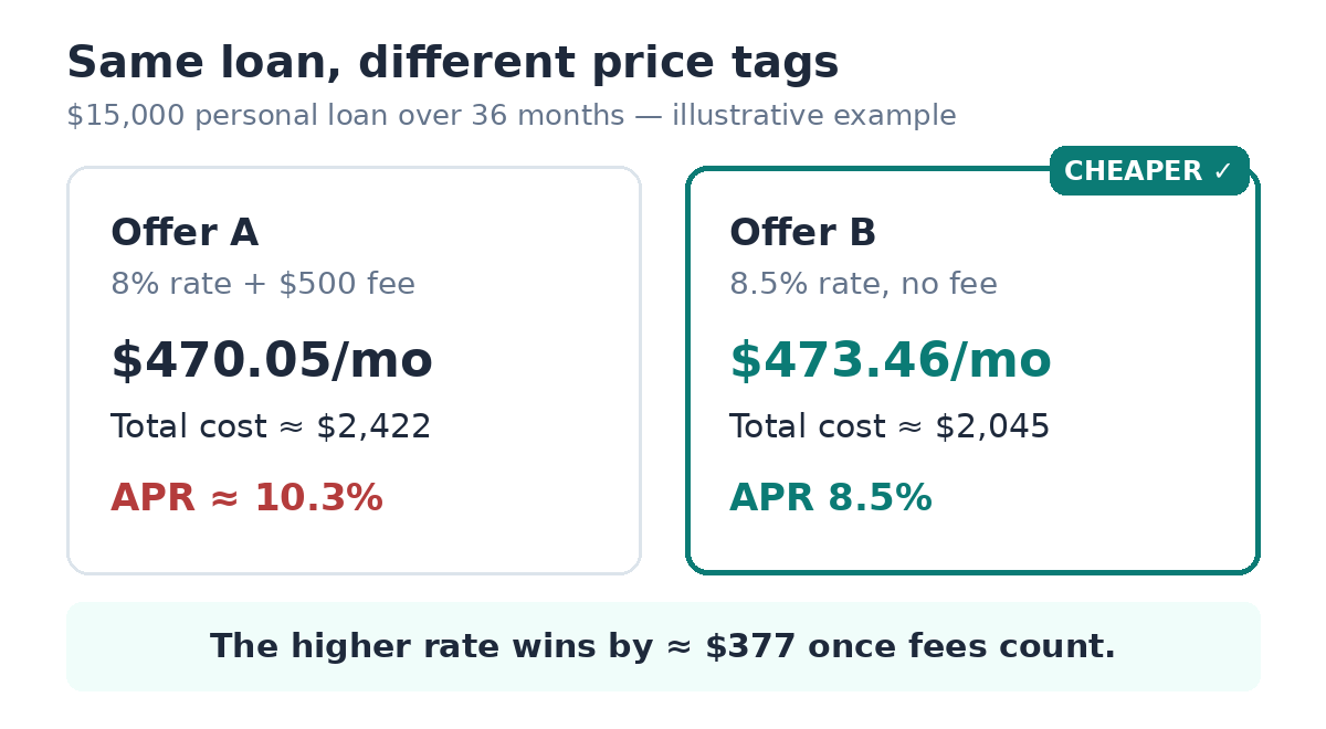 Side-by-side comparison of two loan offers showing APR versus interest rate