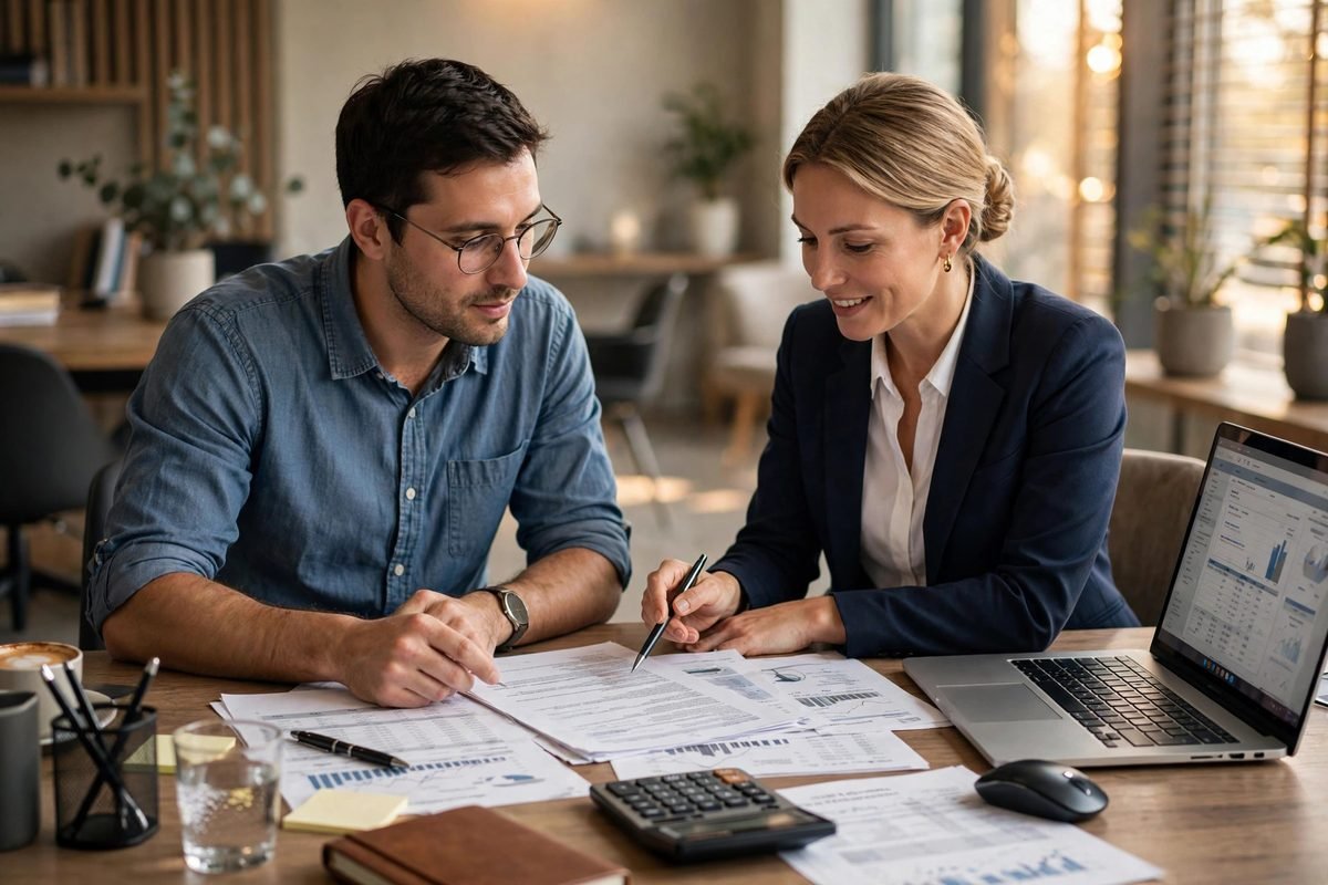 Small business owner discussing loan options with a bank advisor