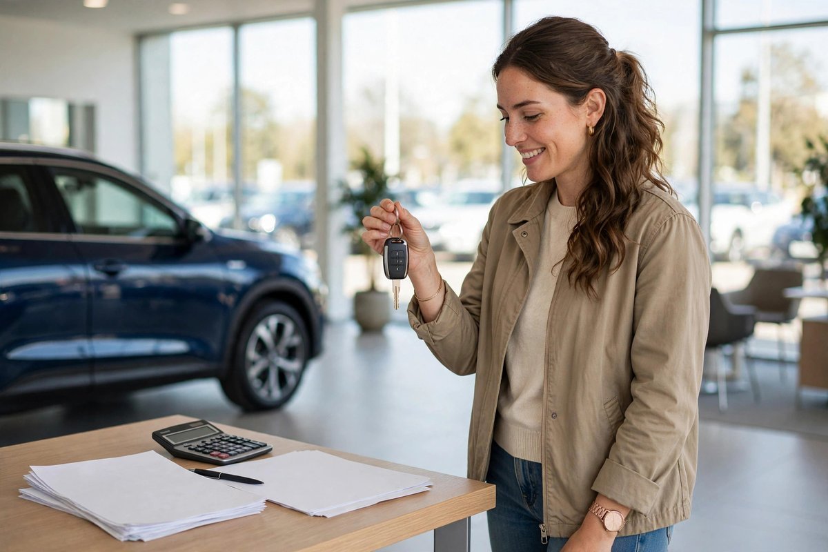 Person holding car keys at a dealership with loan paperwork