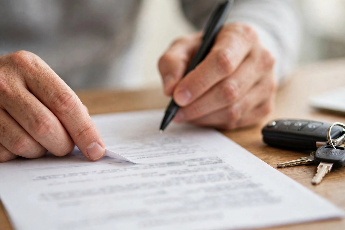 Car buyer reviewing loan paperwork at a dealership
