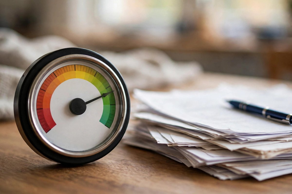 Credit score gauge showing improvement with financial documents