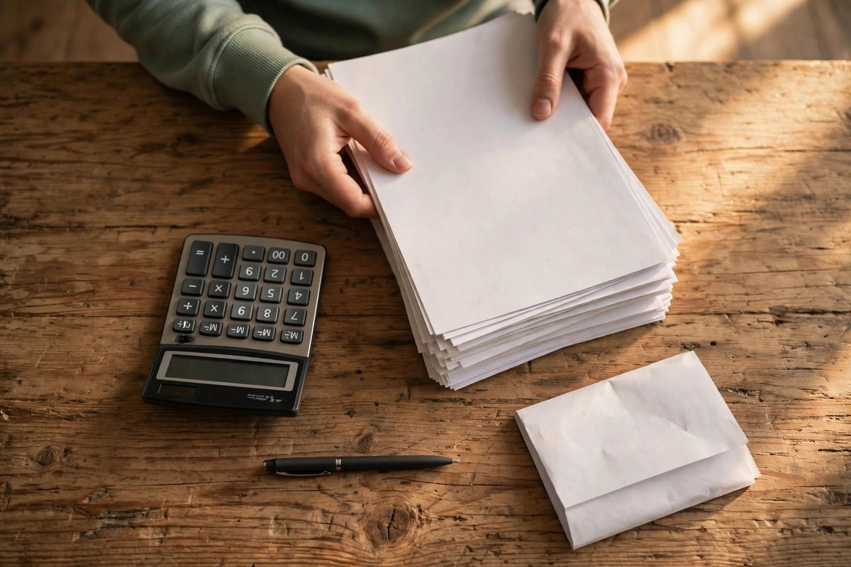 Person organizing bills into one stack with calculator