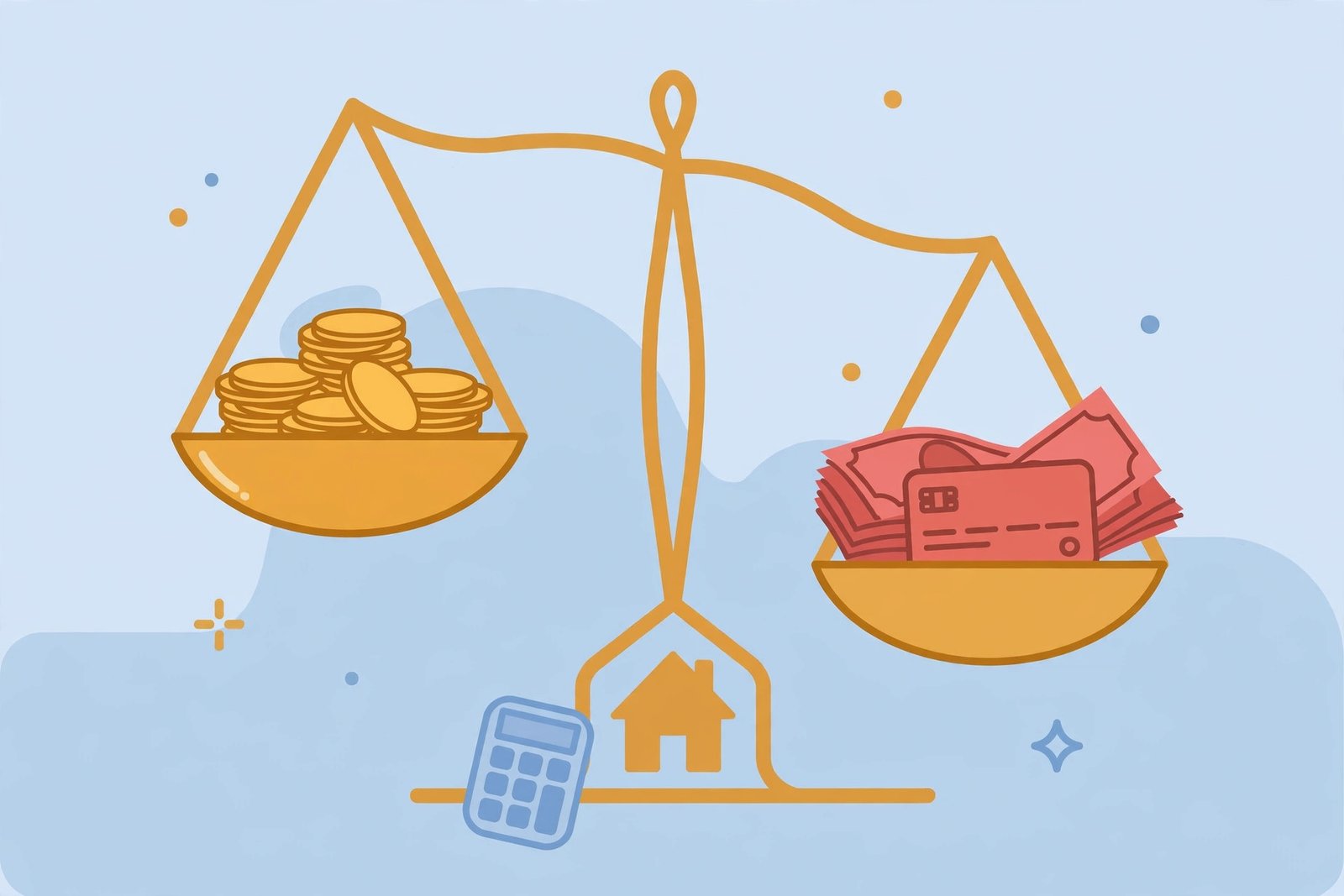 Illustration of a balance scale weighing income against debt