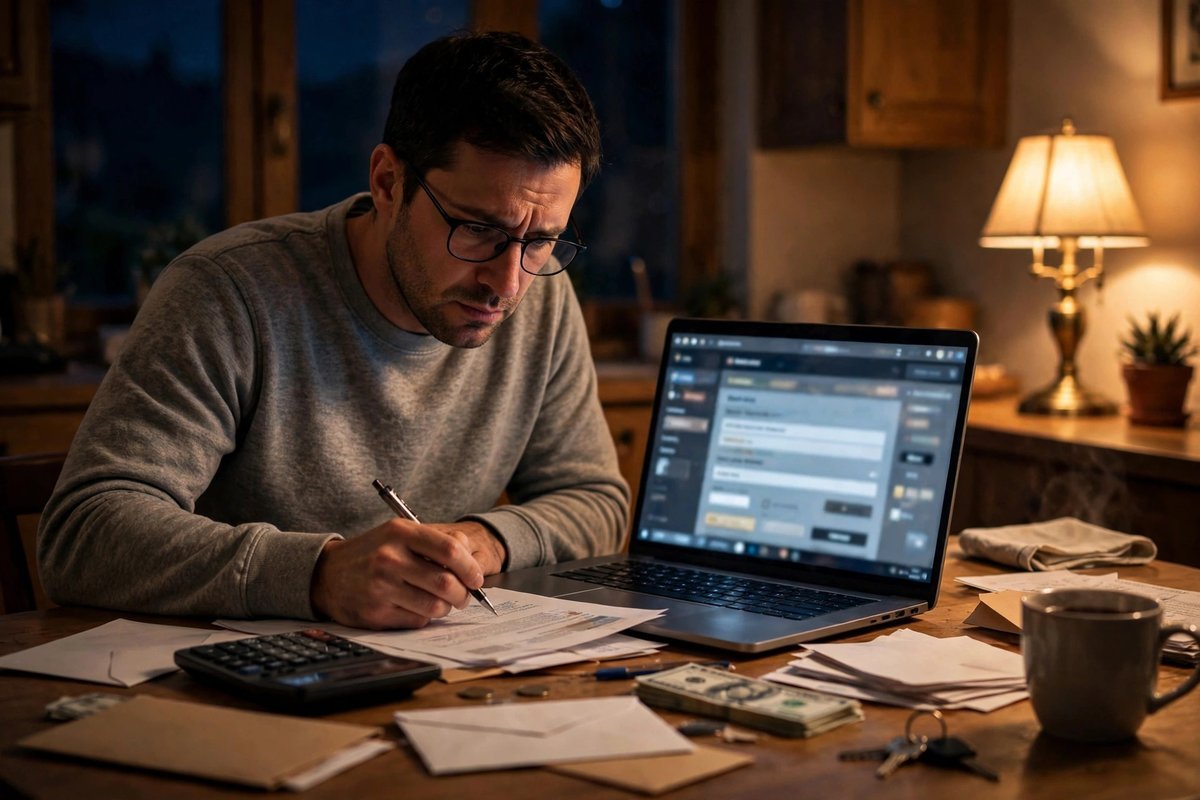 Person urgently reviewing bills at night with laptop and calculator