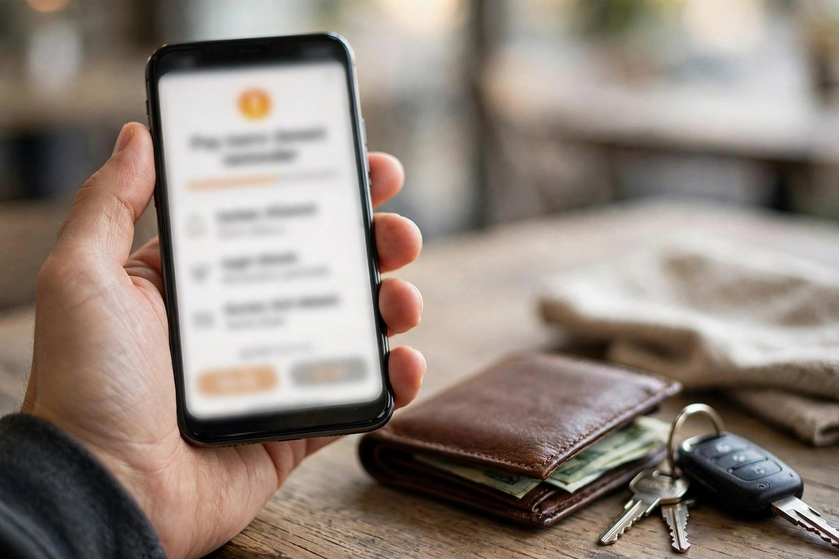 Urgent payment reminder on smartphone with wallet and car keys