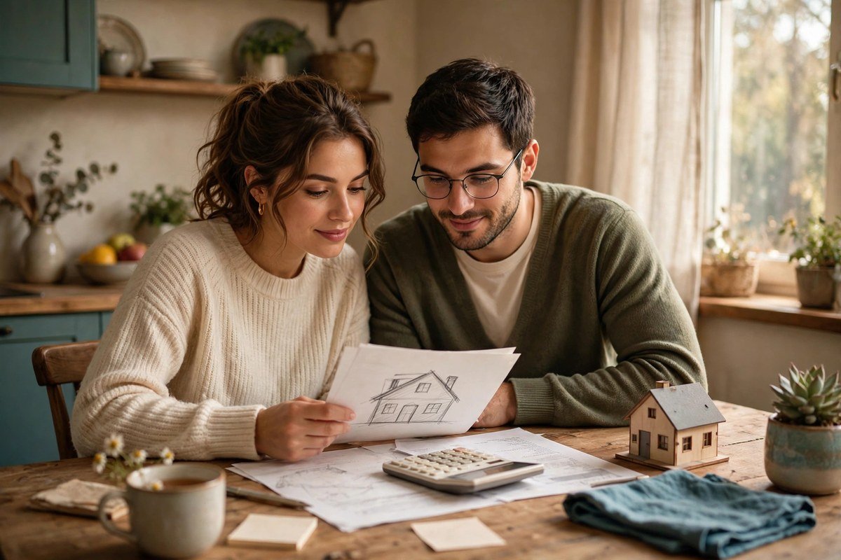 Couple reviewing home budget with house sketch and calculator