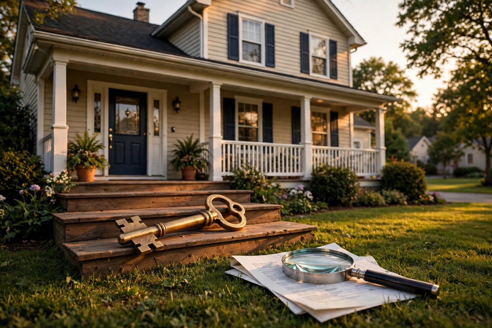 House with a large key and a magnifying glass over loan documents