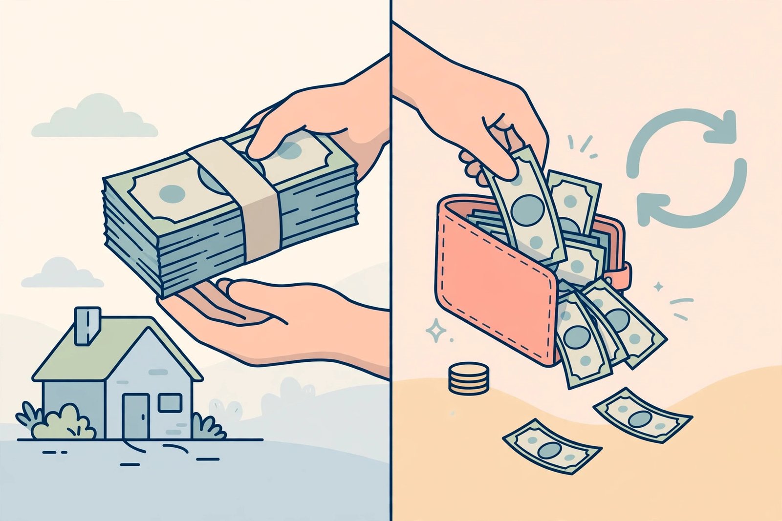 Split illustration: lump-sum cash bundle versus repeatedly drawing from a revolving wallet