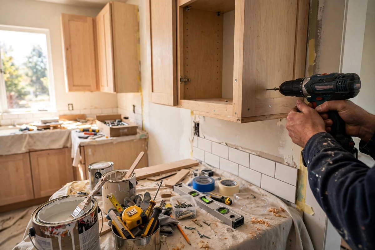 Kitchen renovation in progress with new cabinets being installed