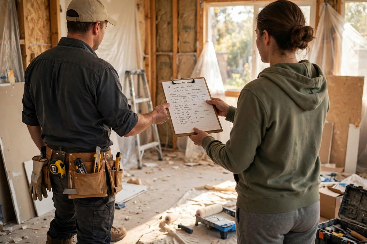 Contractor showing a written renovation quote to a homeowner