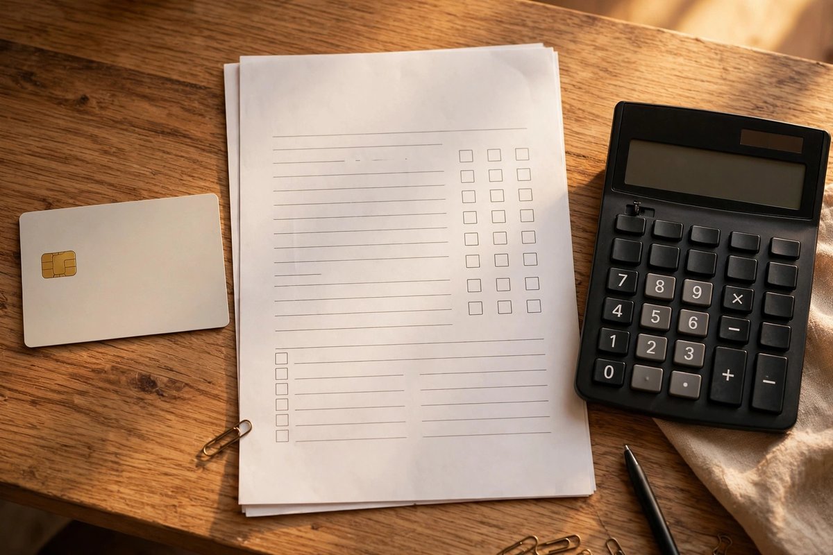 Credit card and loan document with calculator side by side on a desk