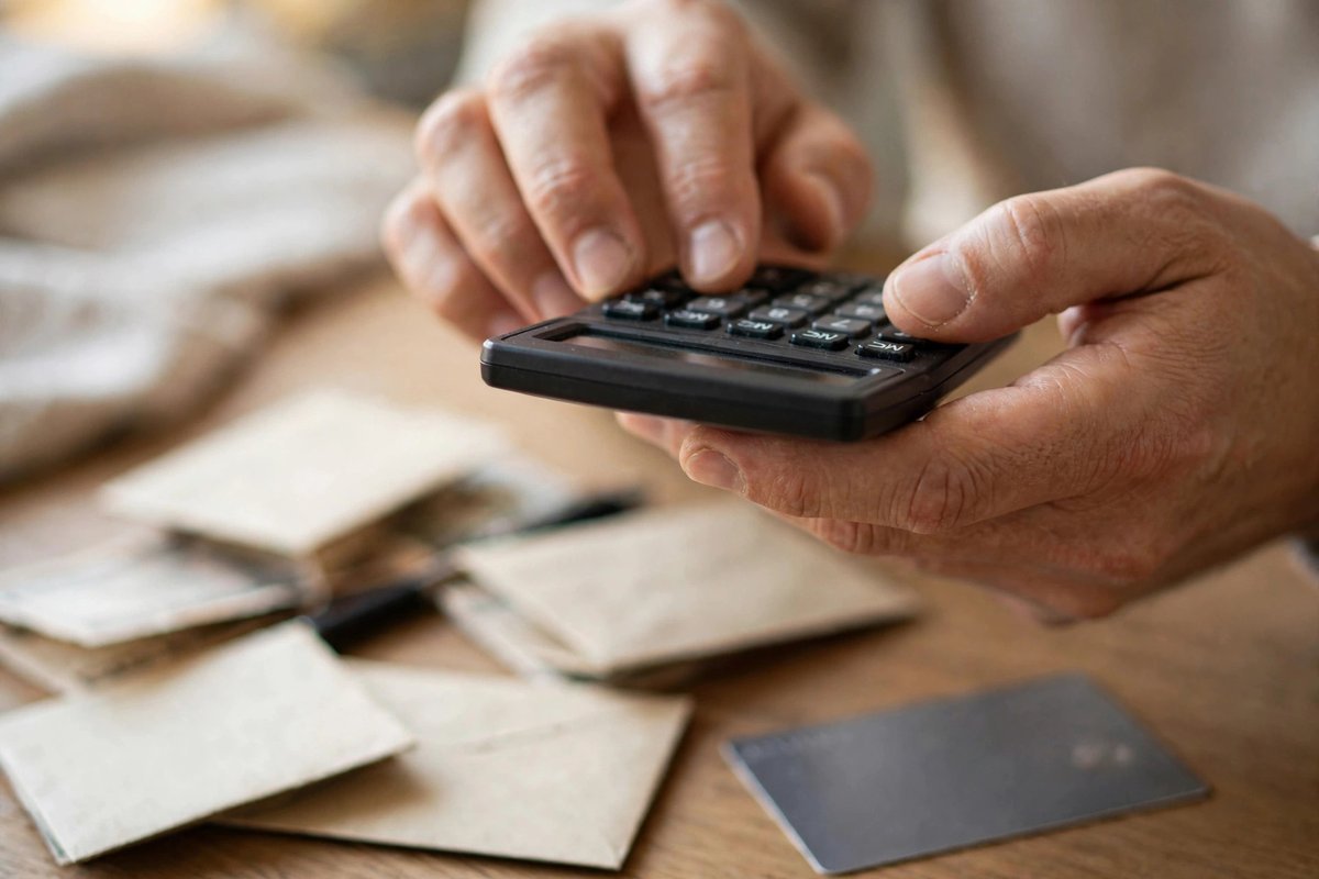Hands using a calculator over bills and a credit card