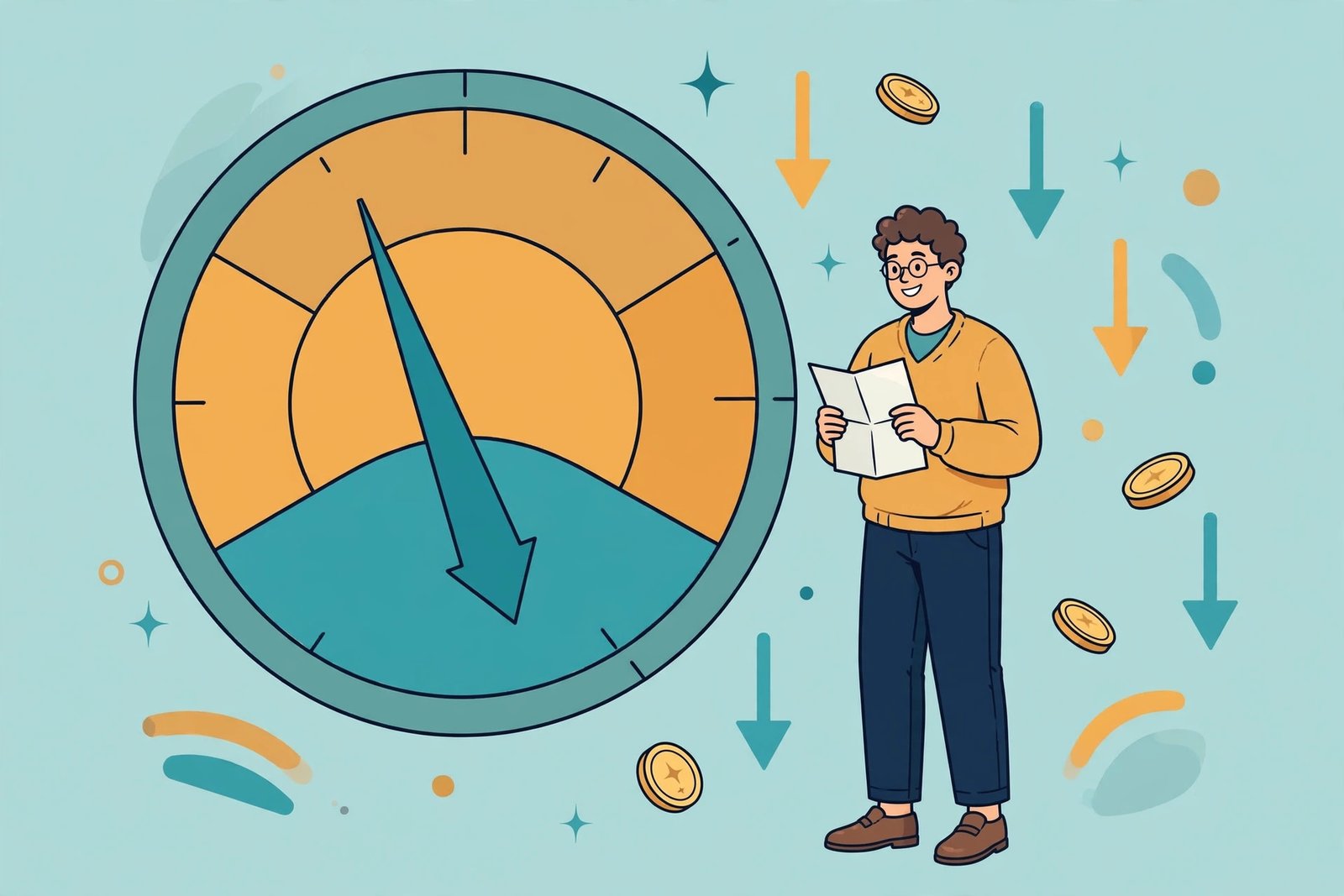 Illustration of a rate dial pointing down beside a borrower holding a loan document