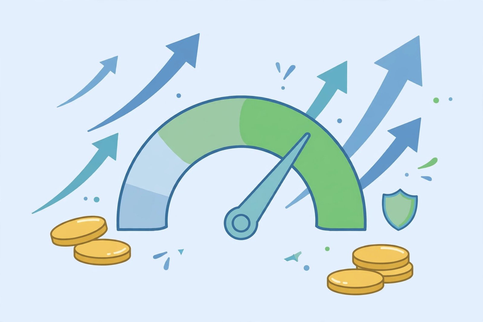Illustration of a credit score gauge pointing into the high green zone