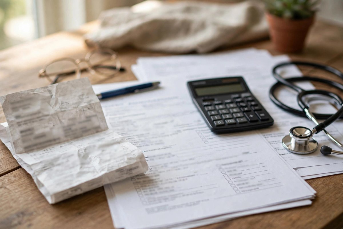 Hospital bill and medical documents with calculator and stethoscope