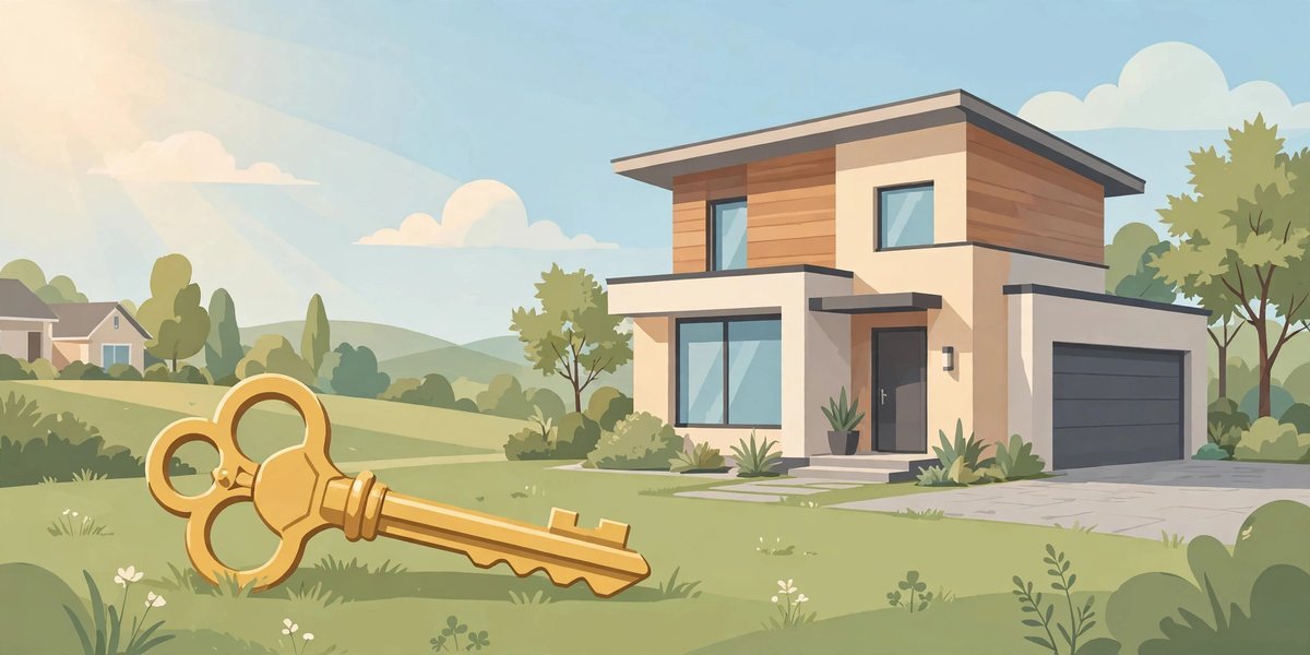 Illustration of a modern house with a large golden key, symbolizing a mortgage loan and homeownership