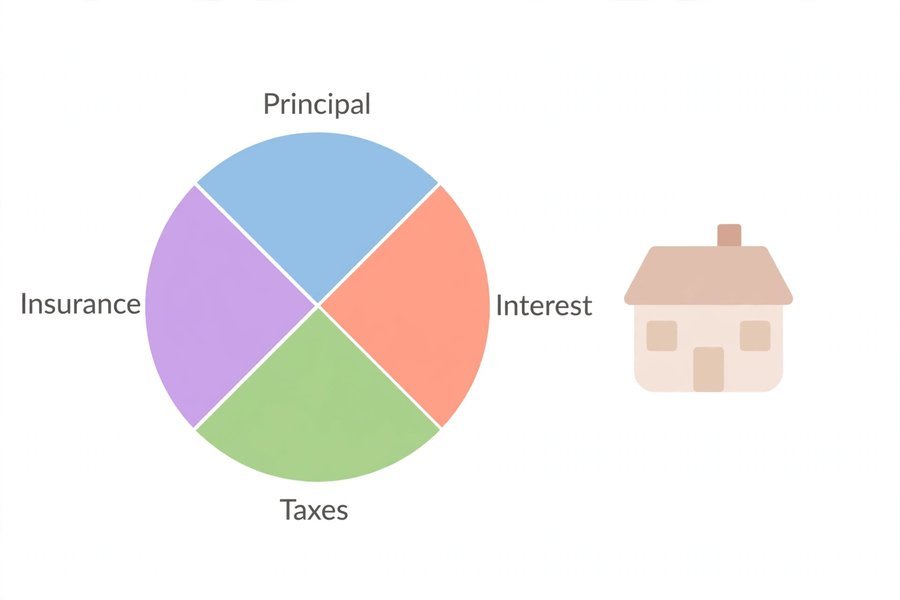 Pie chart showing the four parts of a mortgage payment: Principal, Interest, Taxes, Insurance