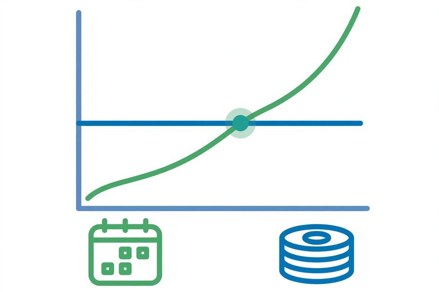 Illustration of a savings curve crossing a flat cost line, showing the break-even point of refinancing