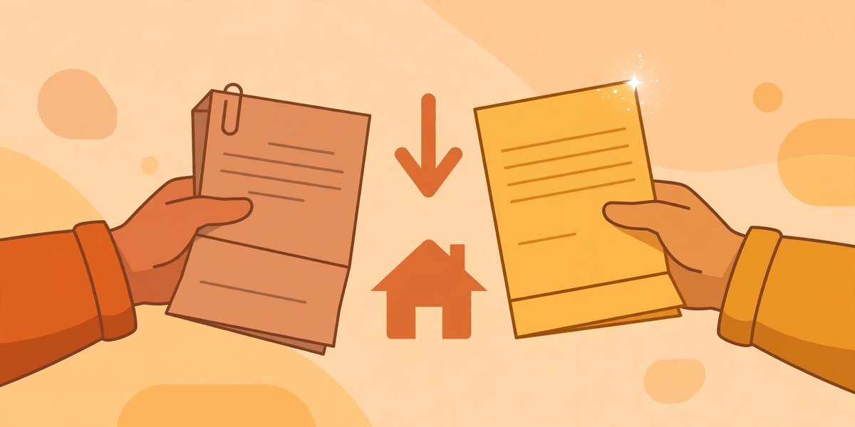Illustration of hands exchanging an old loan document for a new one with a downward arrow, symbolizing refinancing