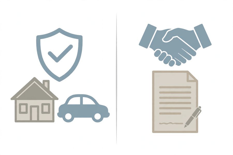 Illustration comparing collateral-backed secured loans (house, car, shield) with trust-based unsecured loans (handshake, document)