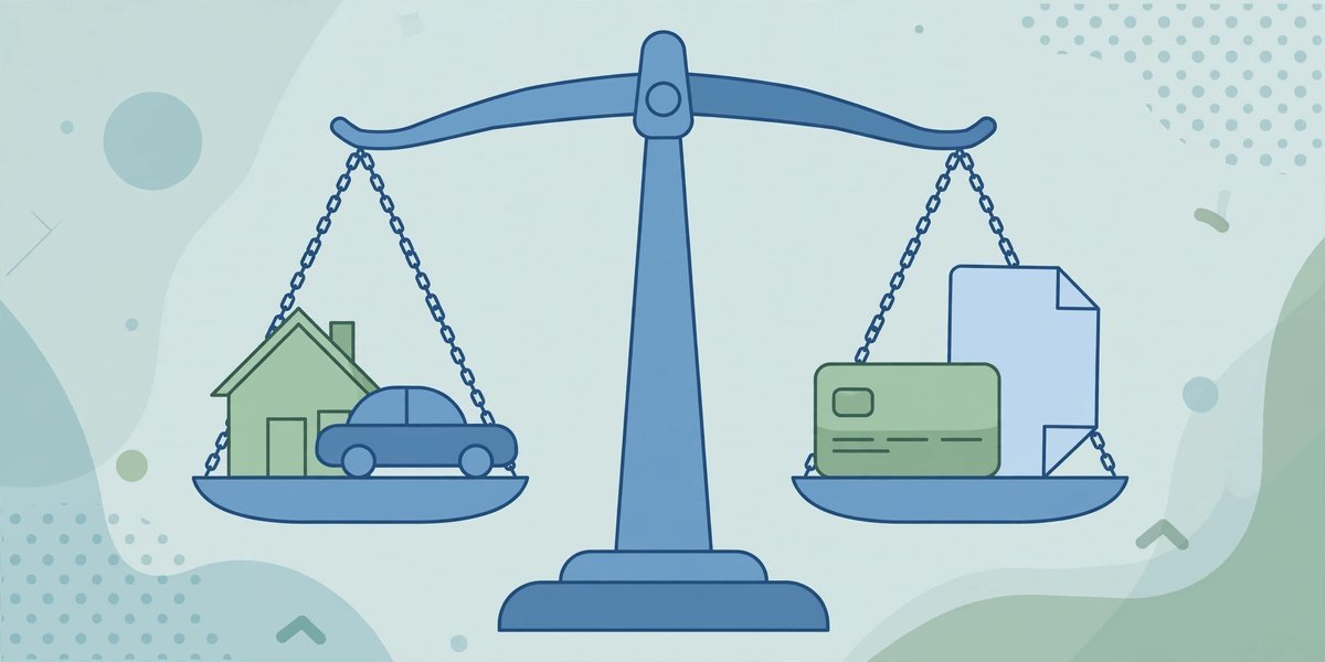 Illustration of a balance scale weighing a house and car against a credit card and document, symbolizing secured vs unsecured loans