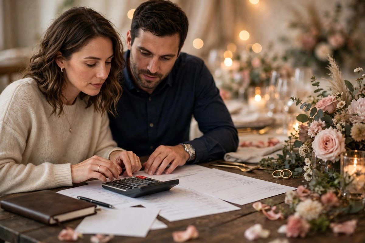 Couple calculating wedding expenses budget